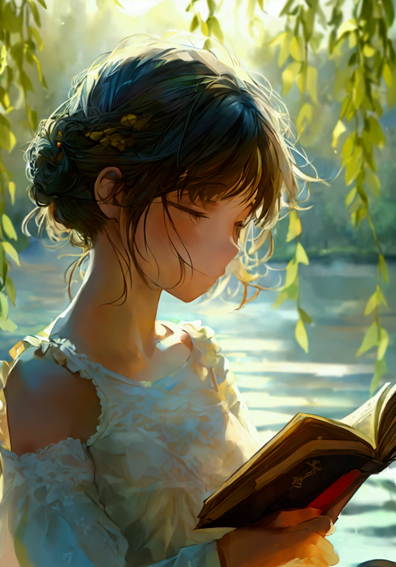 Girl reads a book by the lake, bright colors, spring, willow branches, comfort, warm sunlight