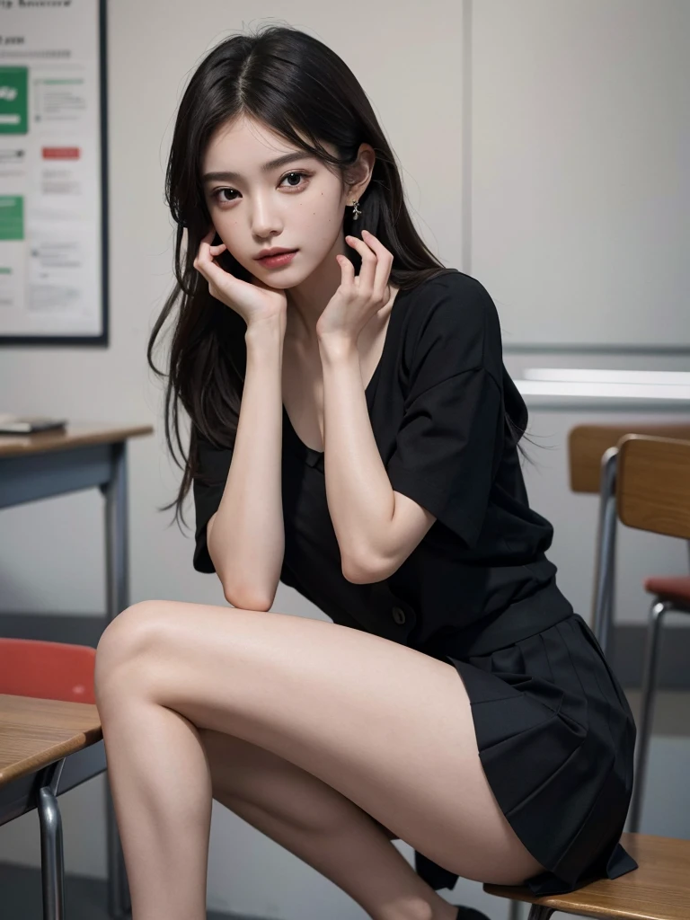 ((masterpiece)),((best quality)), absurdres, 1girl, 1boy, 蹲女姿势, pov,((((女孩穿胸罩，短裙，黑丝袜，修长美腿)))) , (classroom:1.1), sunlight, (half-closed eyes:0.4), (parted lips:1.4 ), (鼻红:1.2), 浅笑,1boy,squatting cowgirl position, vaginal, pov,