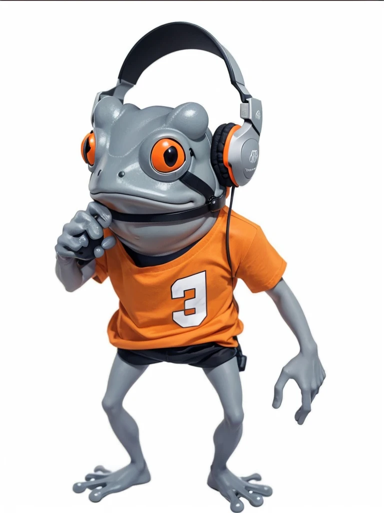 A gray frog, He is wearing an orange shirt, has a headset