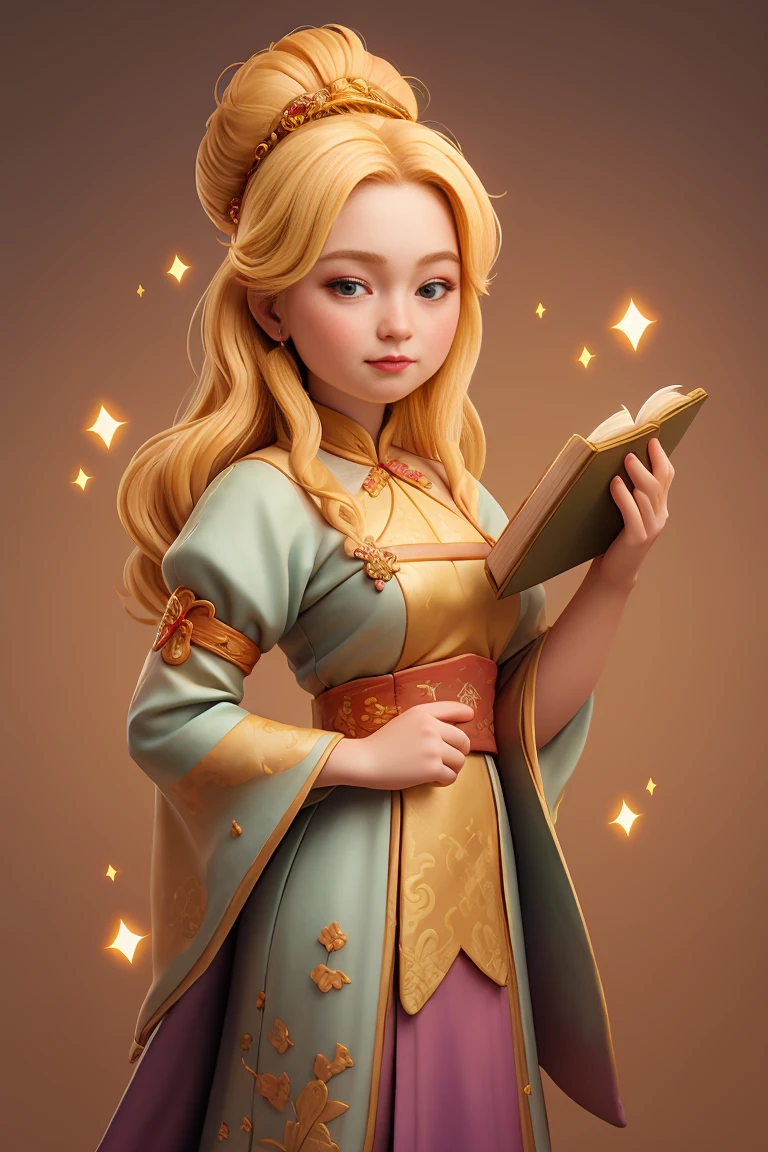 an epic colorful book cover of a 20th century young Blonde Swedish witch transported in Tang Dynasty times in ancient China, European face, Tang dynasty clothes, wearing colorful hanfu, neutral expression, holding a shining magic book, in a palace room, masterpiece, best quality, trending on artstation, intricate details, eerie magical atmosphere, sparkles, epic background, Chinese palace in the background