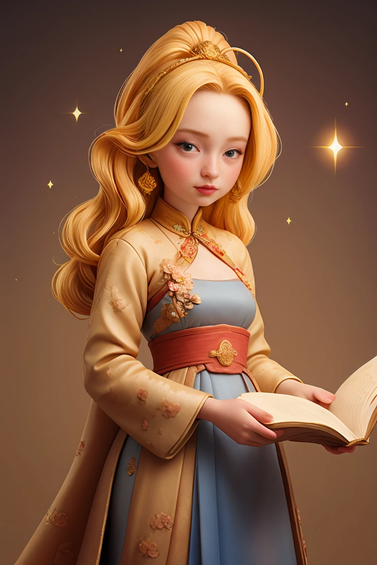 an epic colorful book cover of a 20th century young Blonde Swedish witch transported in Tang Dynasty times in ancient China, European face, Tang dynasty clothes, wearing colorful hanfu, neutral expression, holding a shining magic book, in a palace room, masterpiece, best quality, trending on artstation, intricate details, eerie magical atmosphere, sparkles, epic background, Chinese palace in the background