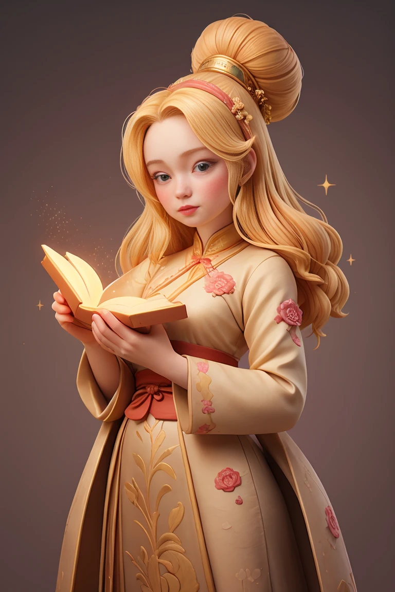 an epic colorful book cover of a 20th century young Blonde Swedish witch transported in Tang Dynasty times in ancient China, European face, Tang dynasty clothes, wearing colorful hanfu, neutral expression, holding a shining magic book, in a palace room, masterpiece, best quality, trending on artstation, intricate details, eerie magical atmosphere, sparkles, epic background, Chinese palace in the background