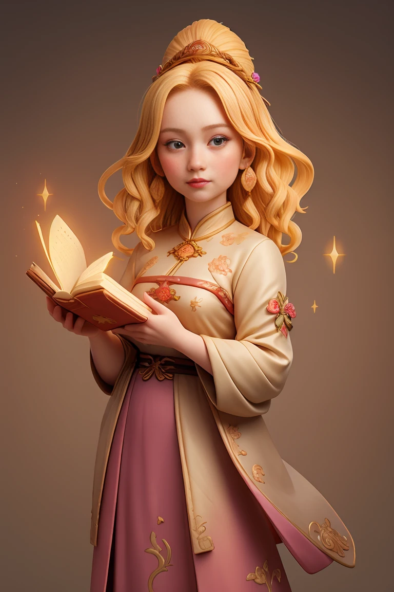 an epic colorful book cover of a 20th century young Blonde Swedish witch transported in Tang Dynasty times in ancient China, European face, Tang dynasty clothes, wearing colorful hanfu, neutral expression, holding a shining magic book, in a palace room, masterpiece, best quality, trending on artstation, intricate details, eerie magical atmosphere, sparkles, epic background, Chinese palace in the background