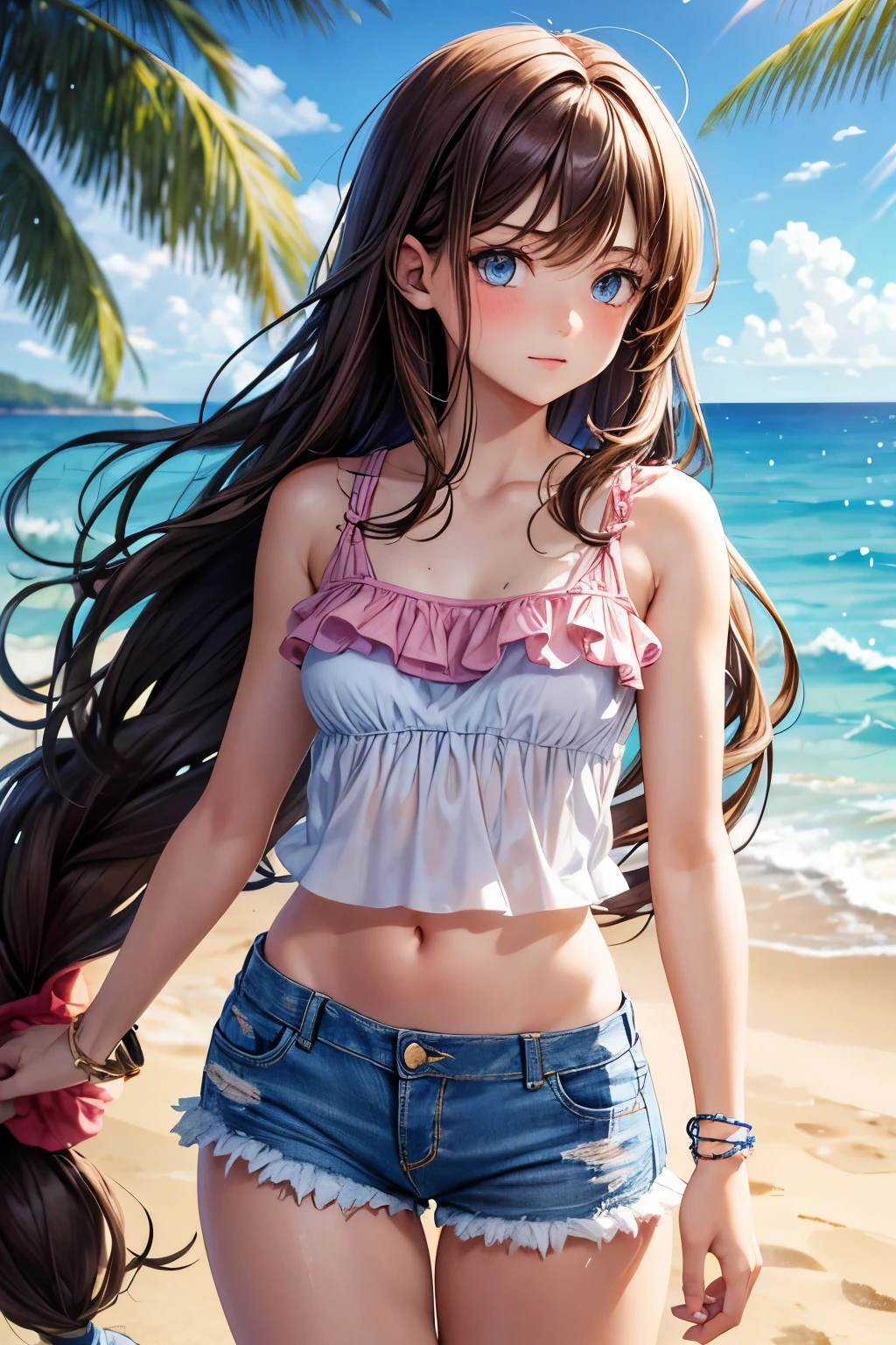 ((masterpiece)), ((best quality、ultra high definition)), (very detailed),8k、photo quality、((amazingly cute girl)), girl)), two individuals, , (Beautiful emerald blue eyes), ((laugh)),In an open-air bath with a view of the ocean, Beautifully arranged black hair in twin tails、slim body、(((Very cute see-through swimsuit with lots of lace and frills.)))、professional lighting、(White lace knee high detail and beautiful)、(More details and realistic cuteness)、((Just wear light clothes.))、Play around in the pool、(so cute)、(The embodiment of cuteness)、