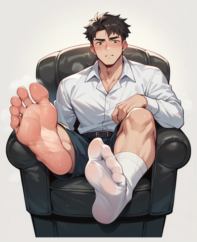 Wriothesley Boy white socked feet scrunching his sweaty soles sitting on chair