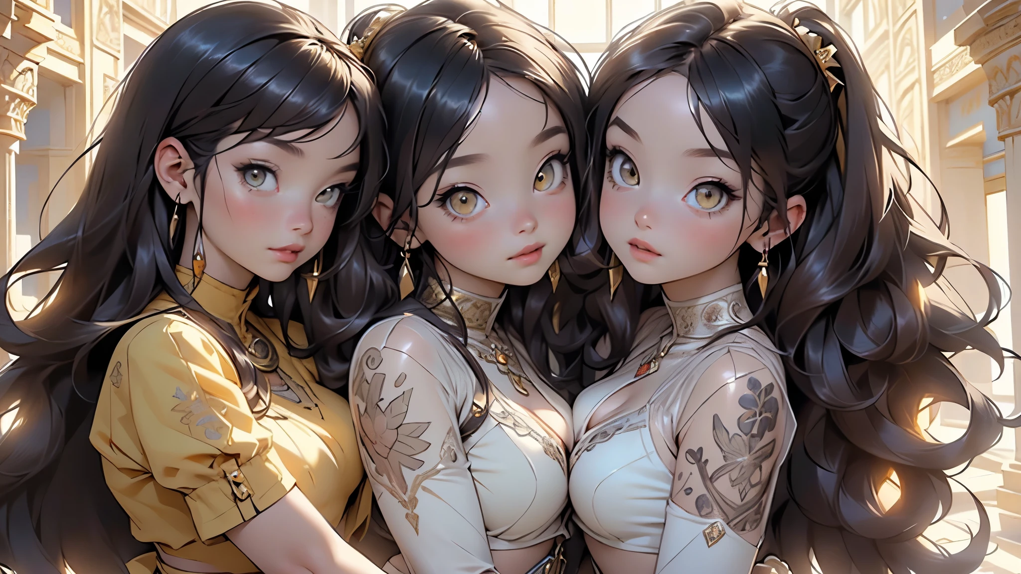 2girls,multiple girls,(((beautiful brunettes identical twins in middle of composition:1.5))),(brunette long hair:1.5),detailed and intricate,very enormous breast:1.7),(((yellow_eyes:1.3))),intricate eyes,beautiful detailed eyes,symmetrical eyes,(((lustrous skin:1.5,bright skin: 1.5,skin tanned,shiny skin,very shiny skin,shiny body,plastic glitter skin,exaggerated shiny skin,illuminated skin))), shiny lips, very big ass,inflated legs,thick thighs,(symmetrical detailed face:1.7),toned, sexy, nsfw,
sexy,zettai ryouiki,tiny clothes,show skin,(arabian clothes, harem outfit, arabian dancing girl, belly dancer outfit, sex slave, jewelry, sheer loincloth, pelvic curtain, midriff, bracelets,),(arabian jewelry,intricate necklace),((((silk loincloth:1.5,transparent loincloth)))),navel:1.5,(((gold clothes))),
(dynamic pose:1.0),embarrassed,(centered,scale to fit dimensions,Rule of thirds),
inside,indoor,((palace in Arabia, palace in Arabia background)),scenery:1.25,((intricate scenery)),
(Glossy winter ornaments),highres,sharp focus,(ultra detailed,extremely detailed),(photorealistic artwork:1.37),(extremely detailed CG unity 8k wallpaper),(((vibrant colors,vibrant theme))),(intricate),(masterpiece),(best quality),artistic photography,(photography taken by sldr),(intricate background),perfect rendered face,perfect face details,realistic face,photo realistic,((intricate detail)),(((realism))),