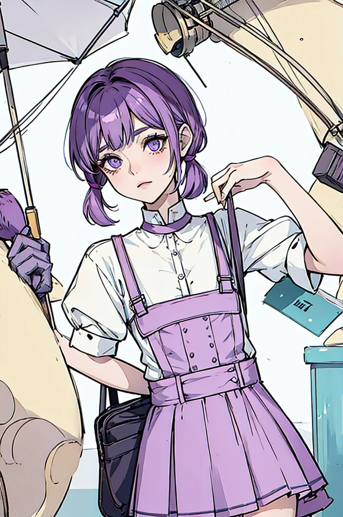 Short hair, muted purple eyecolor, small pigtails