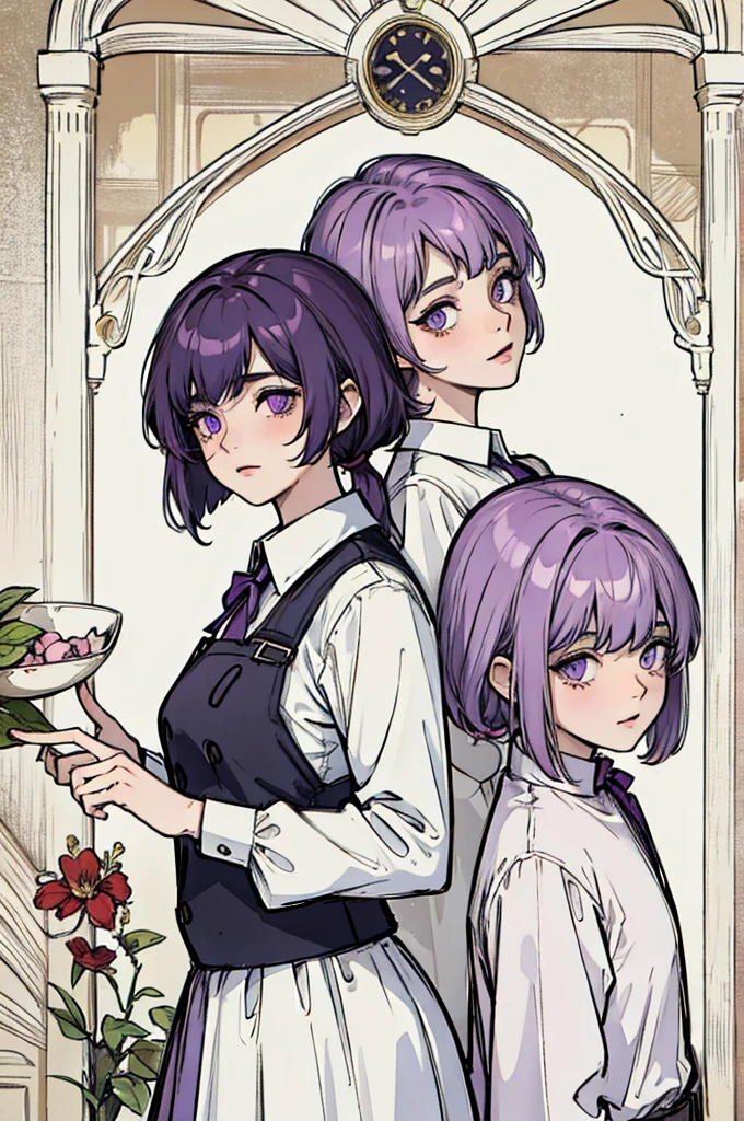 Short hair, muted purple eyecolor, small pigtails