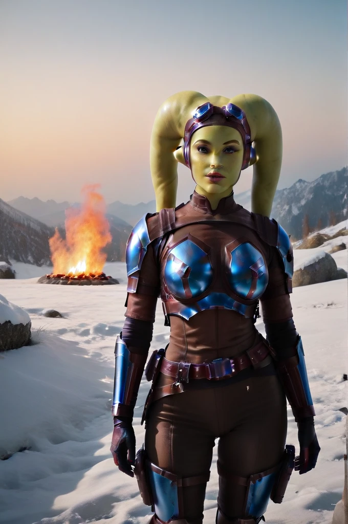 a ((fall body)) (((hera syndulla))) ((green skin ))
 ((female twi'lek ))mandalorian,walking on snow fire, beautiful detailed eyes, beautiful detailed lips, extremely detailed face, long eyelashes, mandalorian armor, sci-fi, cinematic lighting, dramatic, epic, intricate details, hyper-realistic, 8k, high-quality, photorealistic
