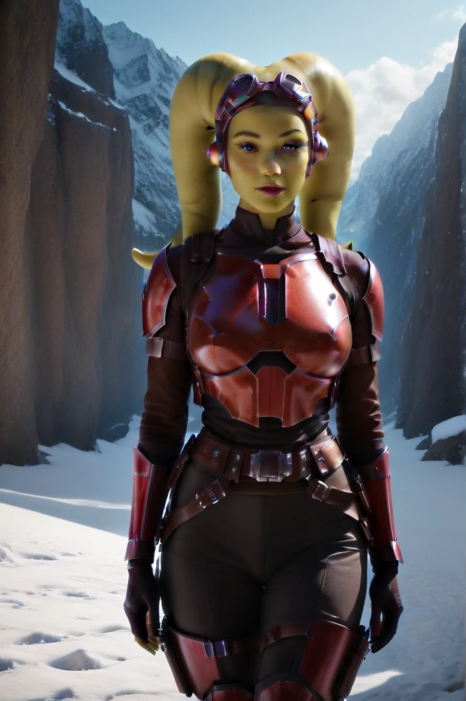 a ((fall body)) (((hera syndulla))) ((green skin ))
 ((female twi'lek ))mandalorian,walking on snow fire, beautiful detailed eyes, beautiful detailed lips, extremely detailed face, long eyelashes, mandalorian armor, sci-fi, cinematic lighting, dramatic, epic, intricate details, hyper-realistic, 8k, high-quality, photorealistic
