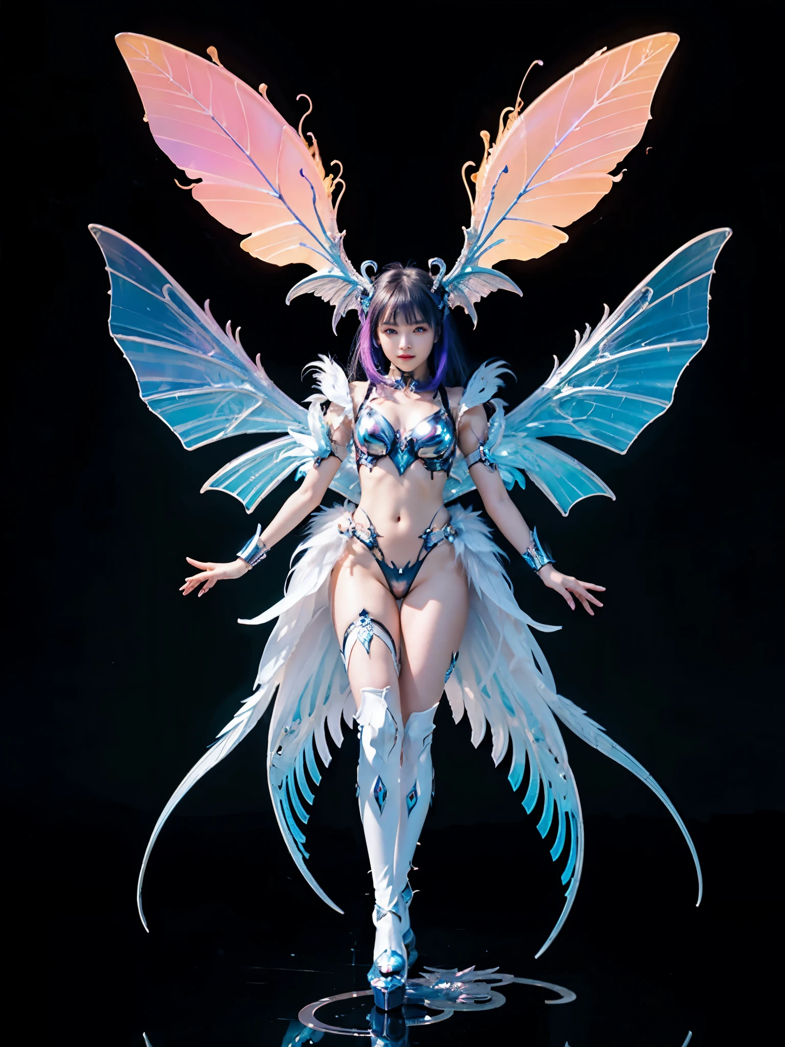 1girl, Armor, Wings, beautiful dragon, futuristic evolved Nekomata, (Neon glowing body), 2 tails, holographic, (The wings are symmetrically paired;1.5),