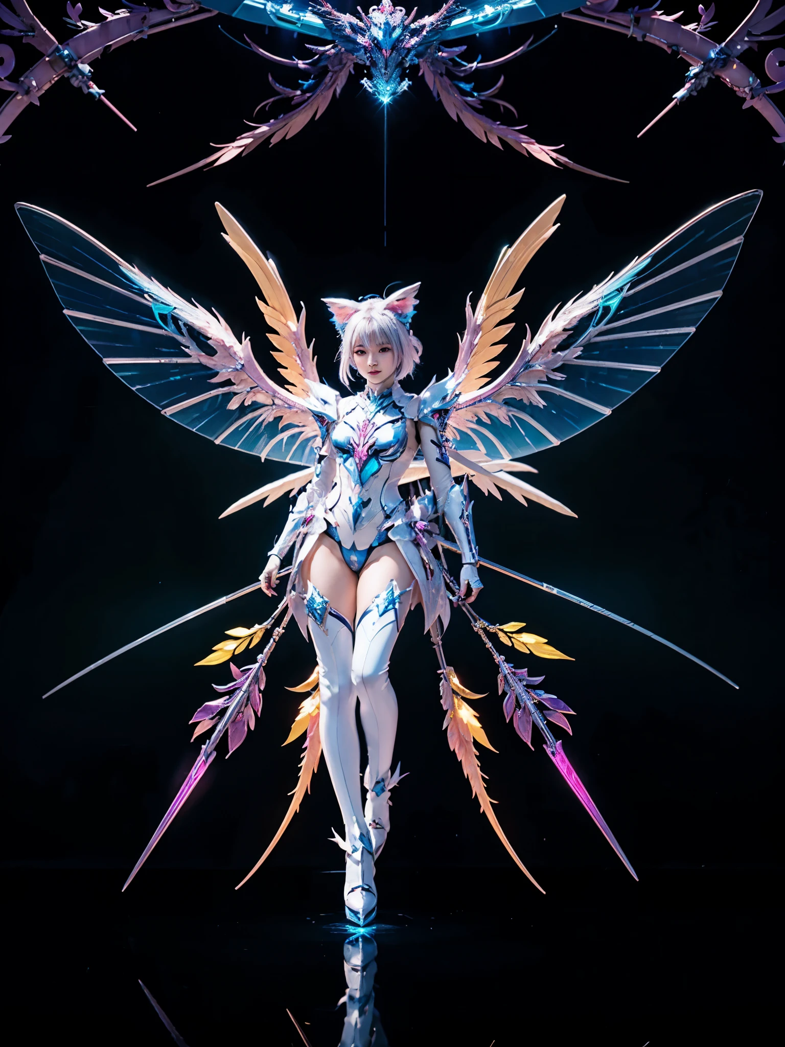 1girl, Armor, Wings, beautiful dragon, futuristic evolved Nekomata, (Neon glowing body), 2 tails, holographic, (The wings are symmetrically paired;1.5),