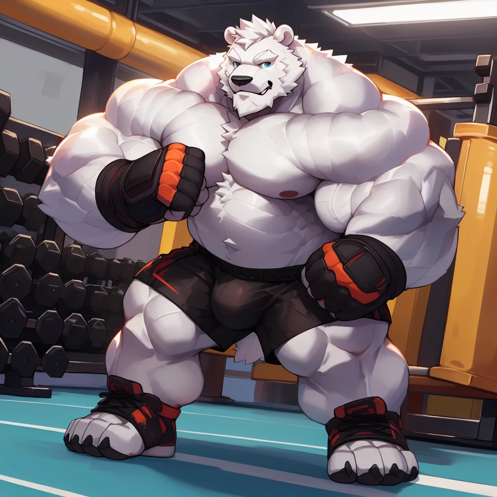 solo, 1boy, Huge Muscular White Polar Bear, huge white fur, pectoral, huge pectoral, wide pectoral, short white hair, bulky, bulk, bulge, black kickboxing shorts, black toeless wootwear, fingerless kickboxing fighting gloves and shirtless and topless, white bearded, white Mustache, white fur, grey eyebrows, gym fitness center background, masterpiece, high detailed, 8k, high resolution, at the gym, sparring, looking at the viewer, acting all champion