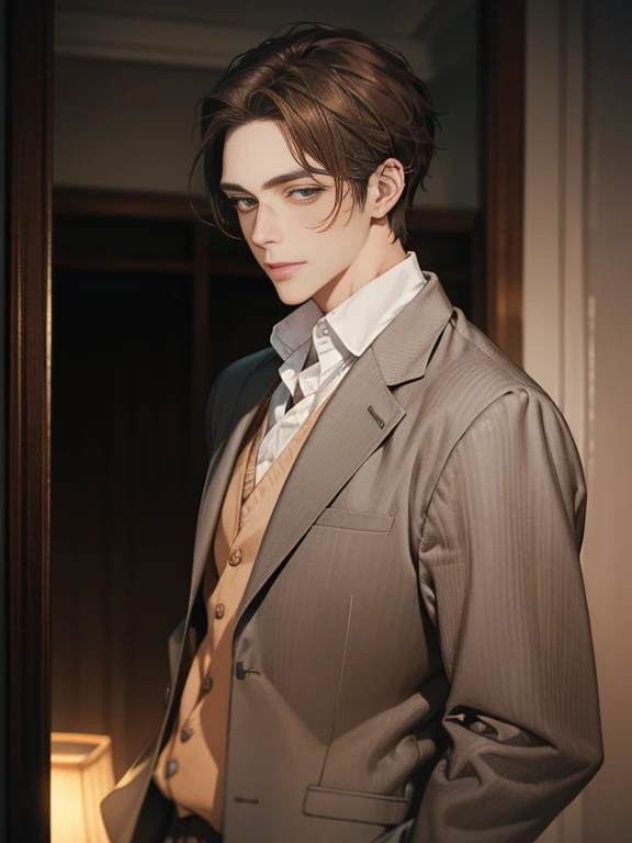 Masterpiece, Best quality, Realistic, 1 person, Mature male, Quiet and charming young man, 25 age old, Serious look, Closed mouth, Portrait, Extremely detailed face, cold smile, ((dark gray eyes)), ((Right sweep short dark brown hair)), [Thick eyebrows], ((suit)), Handsome, full bodyesbian, Western, Jewish, Light brown skin,Stand in front of the mirror，Organize your clothes