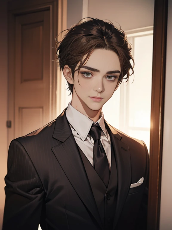 Masterpiece, Best quality, Realistic, 1 person, Mature male, Quiet and charming young man, 25 age old, Serious look, Closed mouth, Portrait, Extremely detailed face, cold smile, ((dark gray eyes)), ((Right sweep short dark brown hair)), [Thick eyebrows], ((suit)), Handsome, full bodyesbian, Western, Jewish, Light brown skin,Stand in front of the mirror，Organize your clothes