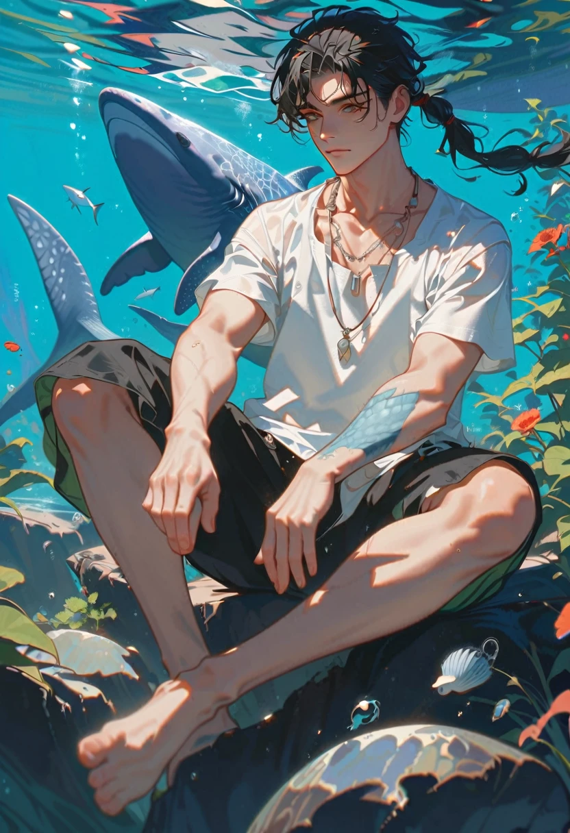 Style 9, a man with straight black hair tied in a ponytail, light complexion, olive eyes, no shirt, with a whale shark tail instead of legs, some white spots with grayish blue on his arms, a necklace of seashells, sitting on a rock underwater