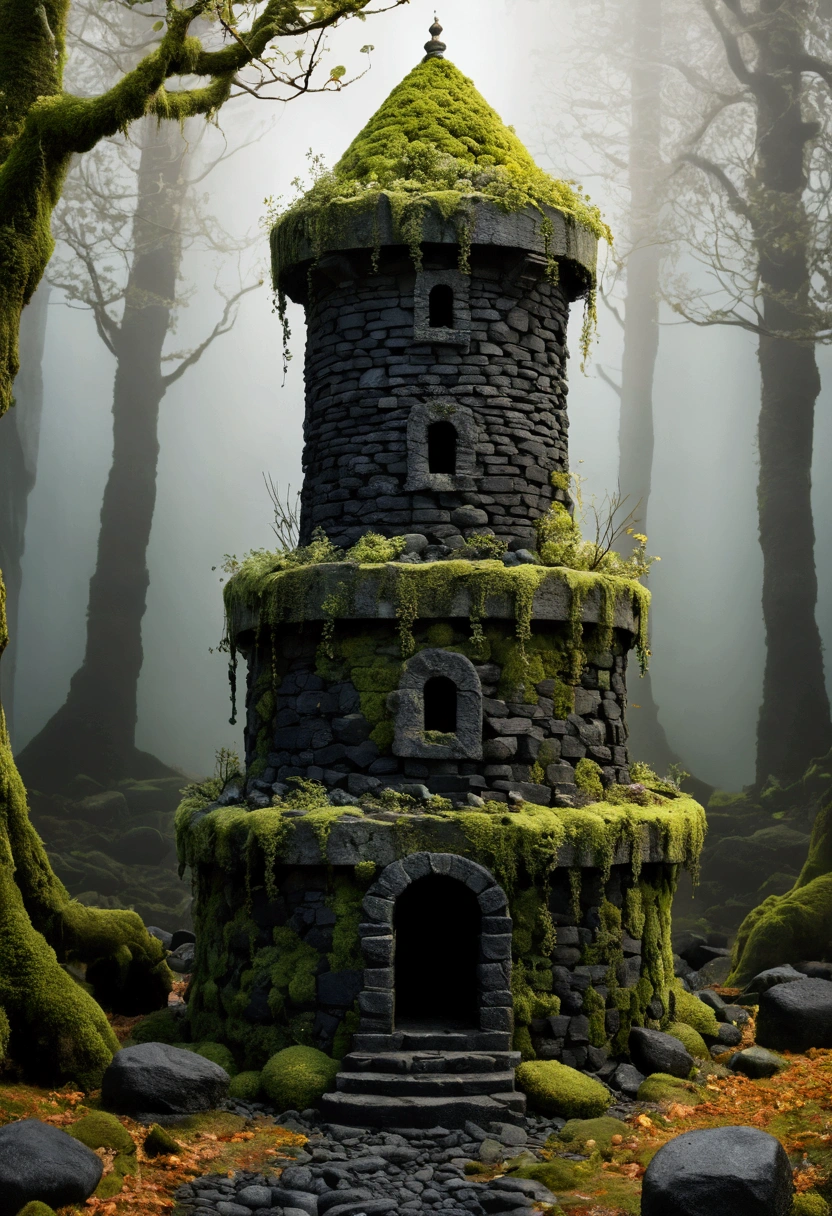 Absurder, Best Quality, Fantasy, isometry, Kneeling style (Miniature round tower made of mossy black basalt stones:1.2), gnarled, dry, blackened trees, Forged ornate fence rusty with time, (Simple background:1.2)