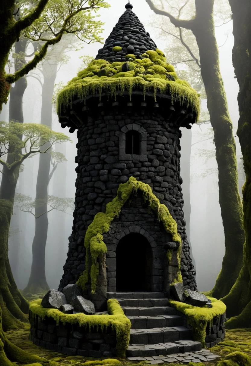 Absurder, Best Quality, Fantasy, isometry, Kneeling style (Miniature round tower made of mossy black basalt stones:1.2), gnarled, dry, blackened trees, Forged ornate fence rusty with time, (Simple background:1.2)