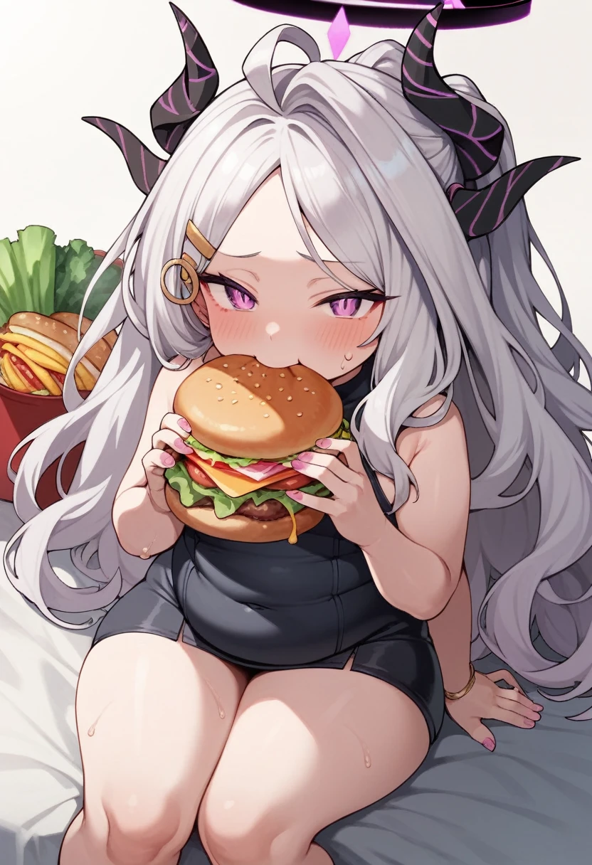 score_9, score_8_up, score_7_up , score_6_up, source_anime, hina_\(blue_archive\), long hair, purple eyes, white hair, horns, halo, naked, moan, small breasts, sweaty, blushed, eating, potato, hamburger, McDonald's, indoors, happy, looking at viewer, chubby, plump, obese, curvy, voluptuous, shortstack, short, cum on breast