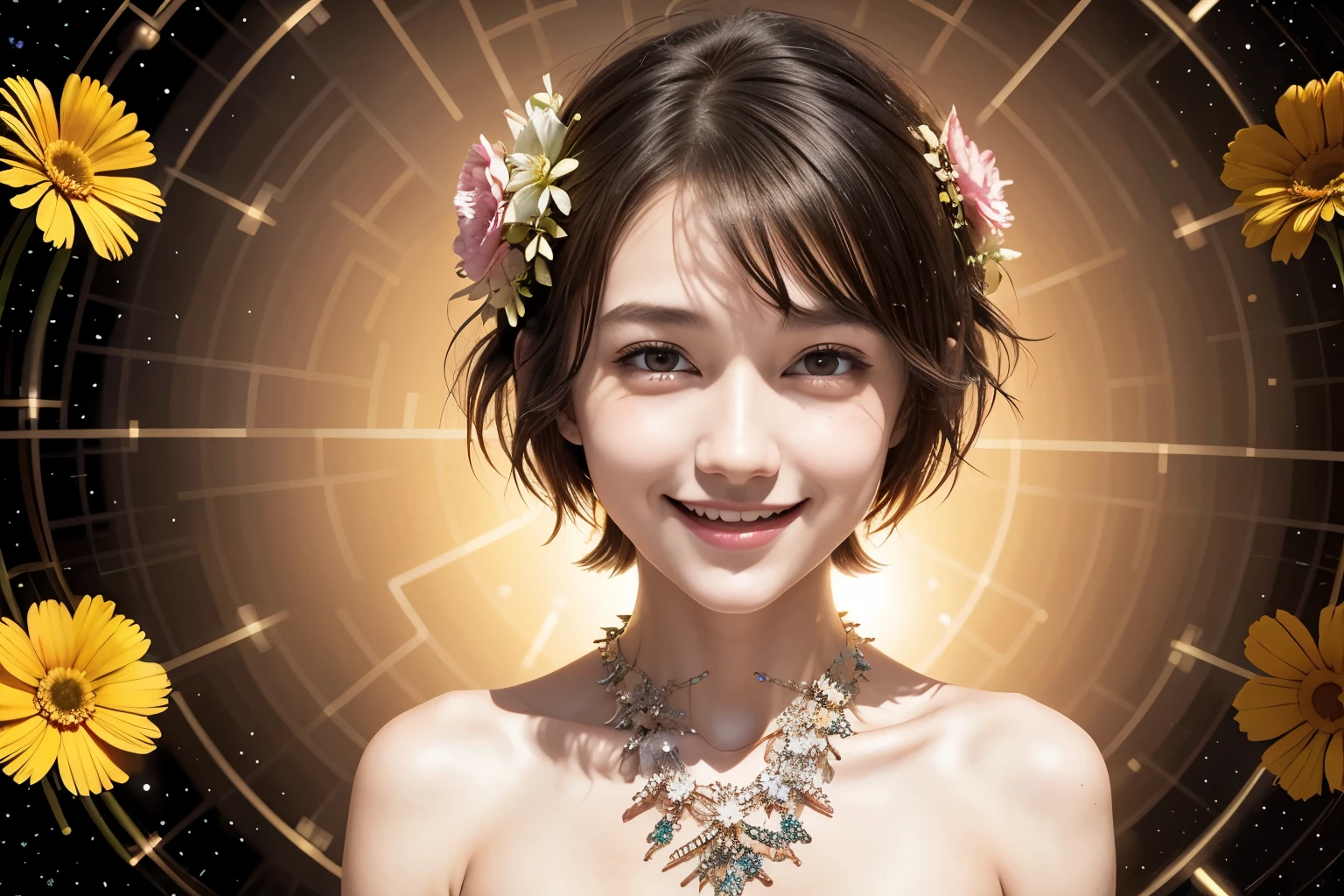 256 19-year-old female, (short hair),(Abstract background,Fractal Art:1.46), smile