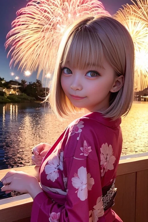 A girl watches fireworks by the lake、Cute yukata、Bob Hair、Silver Hair、Medium breast、Watching from behind、masterpiece:1.3、Raw photo、Highest quality、Detailed Background、stall、Lantern、