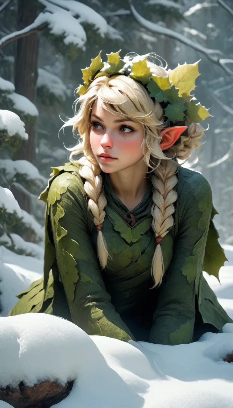 a snowy winter leaf pixie girl on a leaf in the snow, blonde hair, ahe snowy winter leaf pixie and the world of adventure, photo realism, 8k resolution, garden, trending on artstation, 4k, intricate details, highly detailed, pencil drawing, sketching, unreal engine, Caravaggio, greg rutkowski, loish, rhads, beeple, makoto shinkai and lois van baarle, ilya kuvshinov, rossdraws, tom bagshaw, alphonse mucha, oil painting, heavy strokes, paint dripping, oil painting, heavy strokes, paint dripping