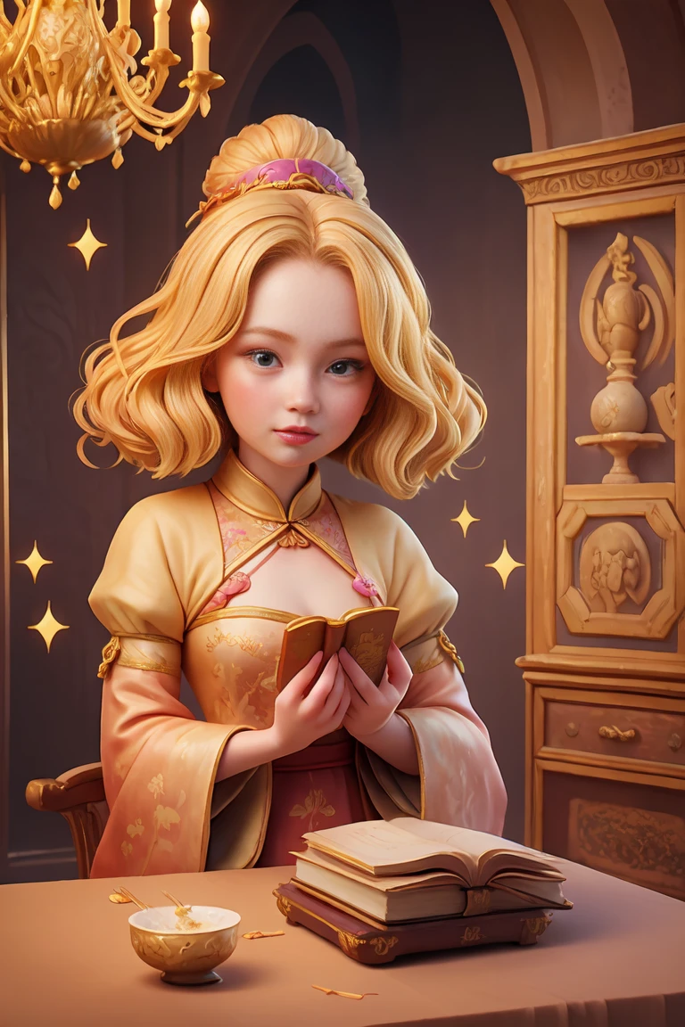 an epic colorful book cover of a 20th century young Blonde Swedish witch transported in Tang Dynasty times in ancient China, European face, Tang dynasty clothes, wearing colorful hanfu, neutral expression, holding a shining magic book, in a palace room, masterpiece, best quality, trending on artstation, intricate details, eerie magical atmosphere, sparkles, epic background, Chinese palace in the background