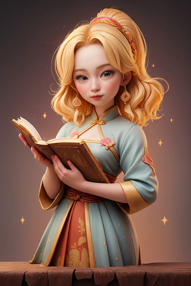 an epic colorful book cover of a 20th century young Blonde Swedish witch transported in Tang Dynasty times in ancient China, European face, Tang dynasty clothes, wearing colorful hanfu, neutral expression, holding a shining magic book, in a palace room, masterpiece, best quality, trending on artstation, intricate details, eerie magical atmosphere, sparkles, epic background, Chinese palace in the background