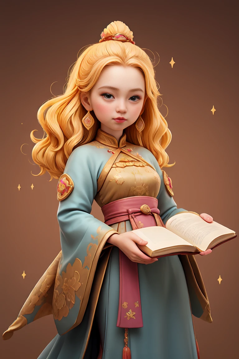 an epic colorful book cover of a 20th century young Blonde Swedish witch transported in Tang Dynasty times in ancient China, European face, Tang dynasty clothes, wearing colorful hanfu, neutral expression, holding a shining magic book, in a palace room, masterpiece, best quality, trending on artstation, intricate details, eerie magical atmosphere, sparkles, epic background, Chinese palace in the background