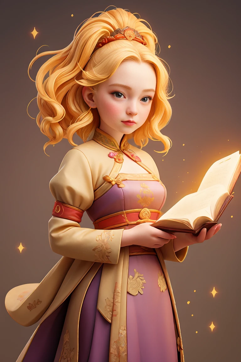 an epic colorful book cover of a 20th century young Blonde Swedish witch transported in Tang Dynasty times in ancient China, European face, Tang dynasty clothes, wearing colorful hanfu, neutral expression, holding a shining magic book, in a palace room, masterpiece, best quality, trending on artstation, intricate details, eerie magical atmosphere, sparkles, epic background, Chinese palace in the background