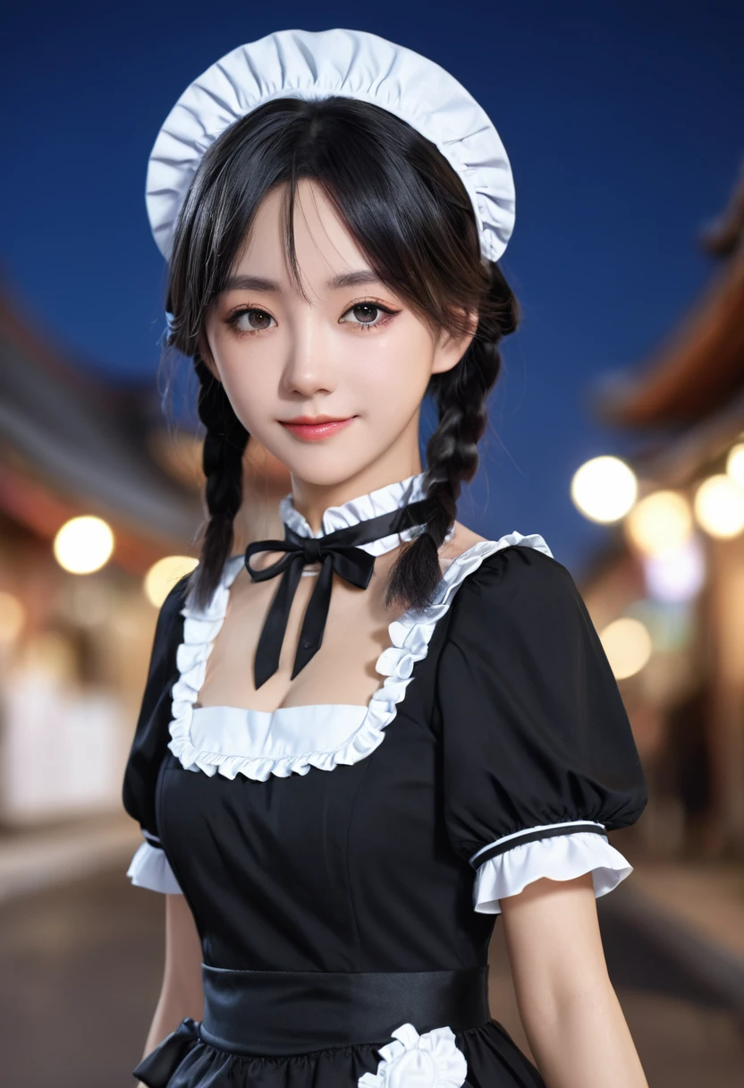 ((1:1)) a cute girl wearing a costume, inspired by Leng Mei, trending on cg society, fantasy art, rem rezero, gorgeous maid, , detailed portrait of anime girl, , official render, anime girl wearing a black dress, hyper real render, background in the street night