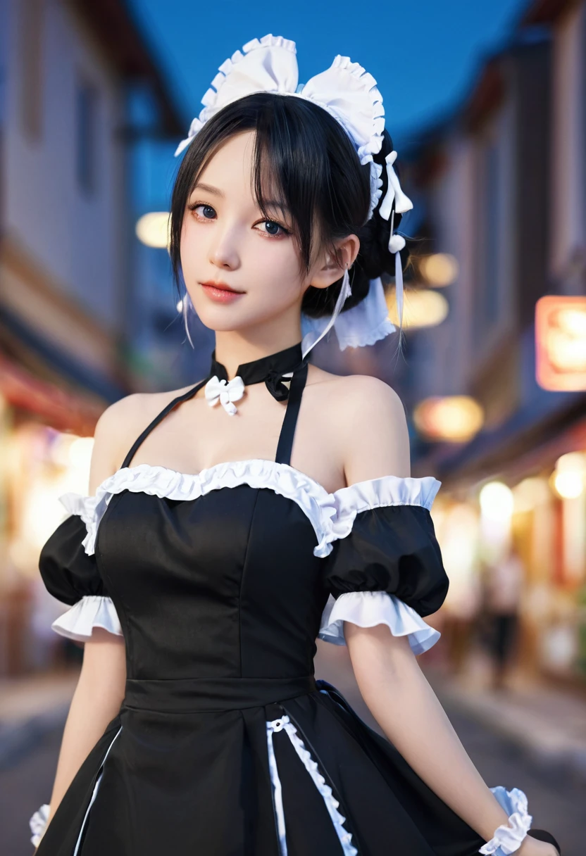 ((1:1)) a cute girl wearing a costume, inspired by Leng Mei, trending on cg society, fantasy art, rem rezero, gorgeous maid, , detailed portrait of anime girl, , official render, anime girl wearing a black dress, hyper real render, background in the street night