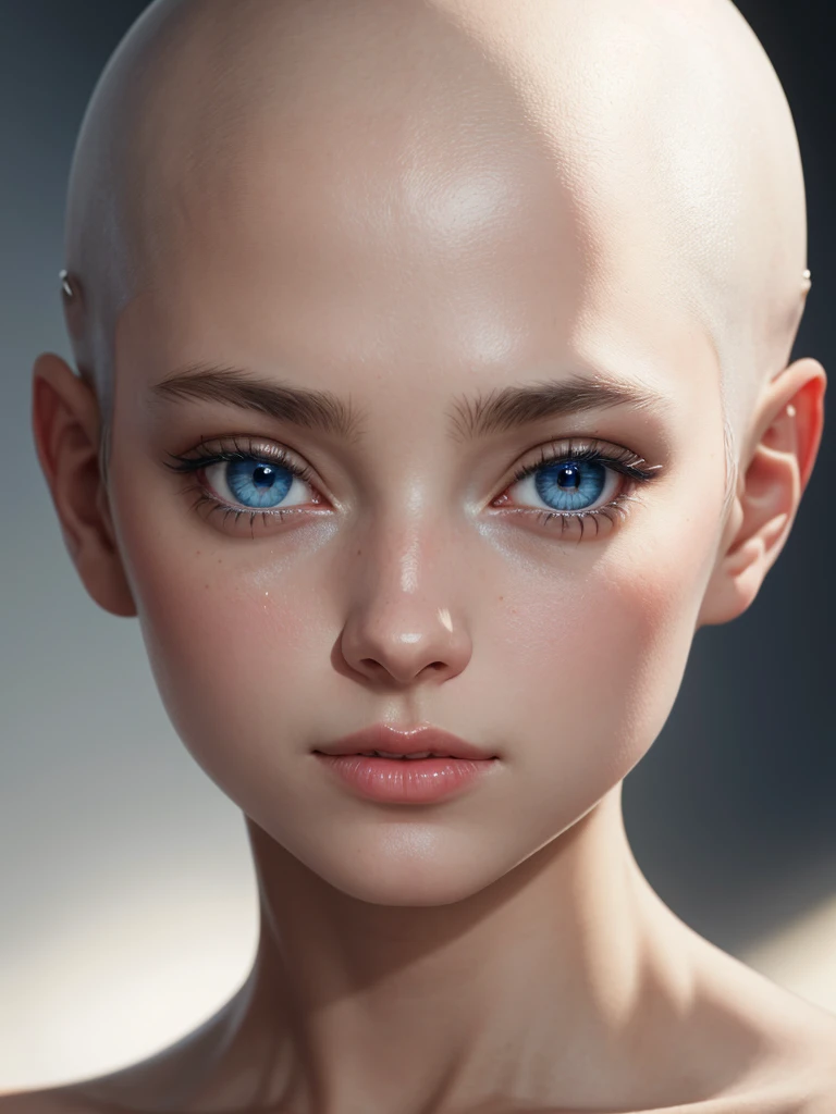 beautiful girl, blue eyes, no hair, hyper realism, skin details, eye details, raw, UHD, retina, masterpiece, textured skin, super detail, high details, high quality, best quality, highres, HD, 4K, 8k, 16k