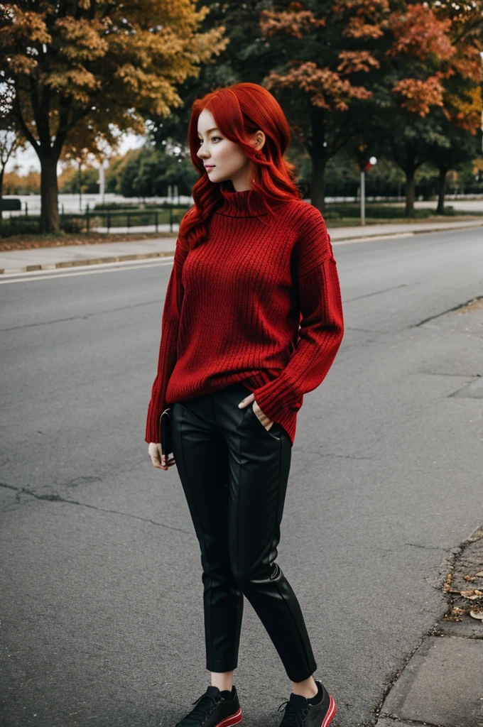 Red-haired girl wearing a red sweater with a heart and black pants