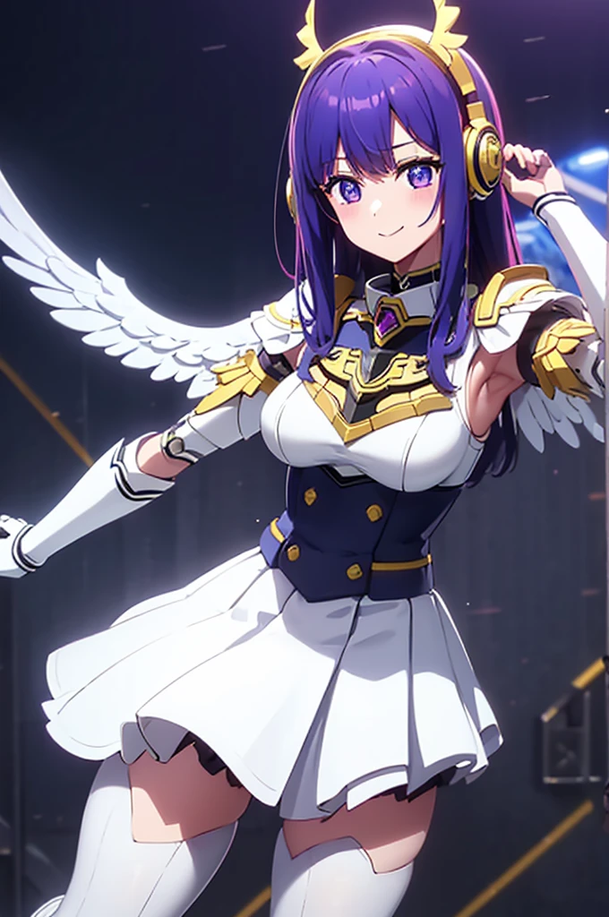 mecha wings、white and yellow skirt、Accentuated thighs、tights、chest、Beautiful light purple hair、1 girl、solo girl、Thick thighs、IS、Frame Arms Girl、Alice Gere Aegis、White Armor、income、headphone、hand on own chest、smile、Idol Costume