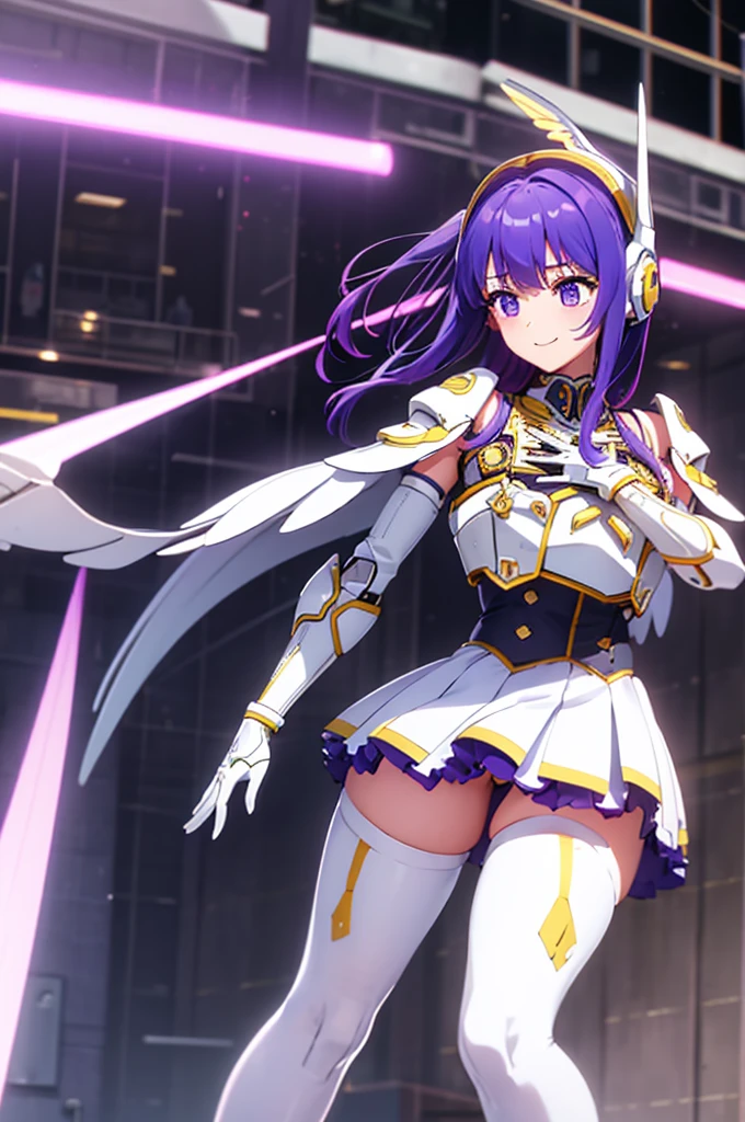 mecha wings、white and yellow skirt、Accentuated thighs、tights、chest、Beautiful light purple hair、1 girl、solo girl、Thick thighs、IS、Frame Arms Girl、Alice Gere Aegis、White Armor、income、headphone、hand on own chest、smile、Idol Costume