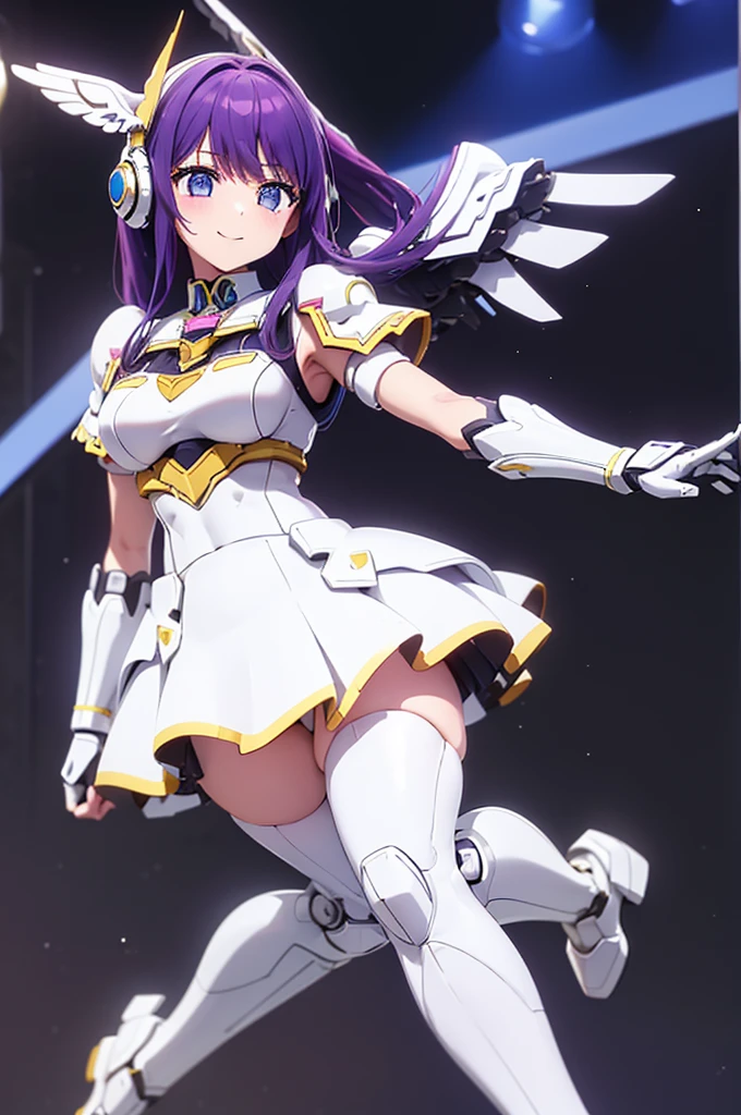 mecha wings、white and yellow skirt、Accentuated thighs、tights、chest、Beautiful light purple hair、1 girl、solo girl、Thick thighs、IS、Frame Arms Girl、Alice Gere Aegis、White Armor、income、headphone、hand on own chest、smile、Idol Costume