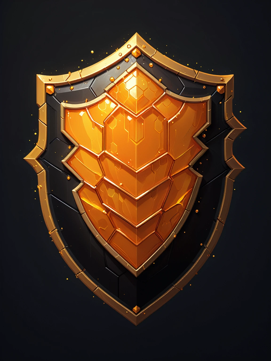pixel art, cartoon illustration, hex shield, honey, yellow and orange colors, simple black background, game icon