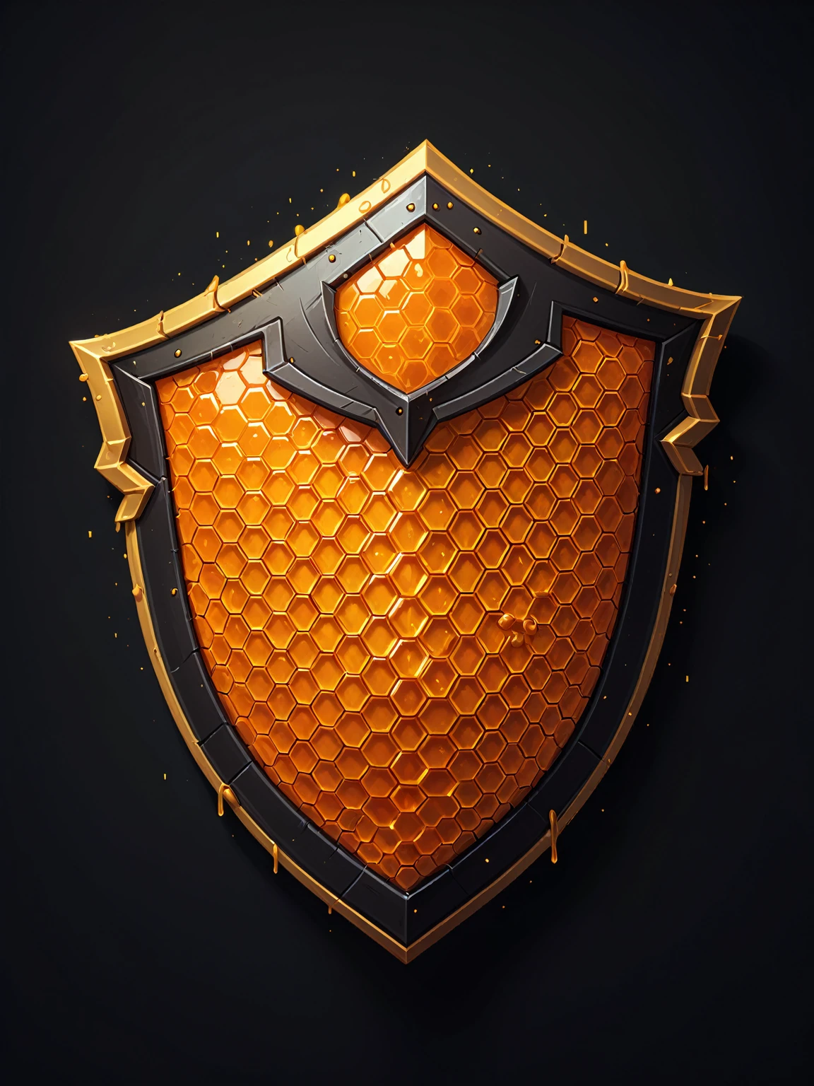 pixel art, cartoon illustration, hex shield, honey, yellow and orange colors, simple black background, game icon 