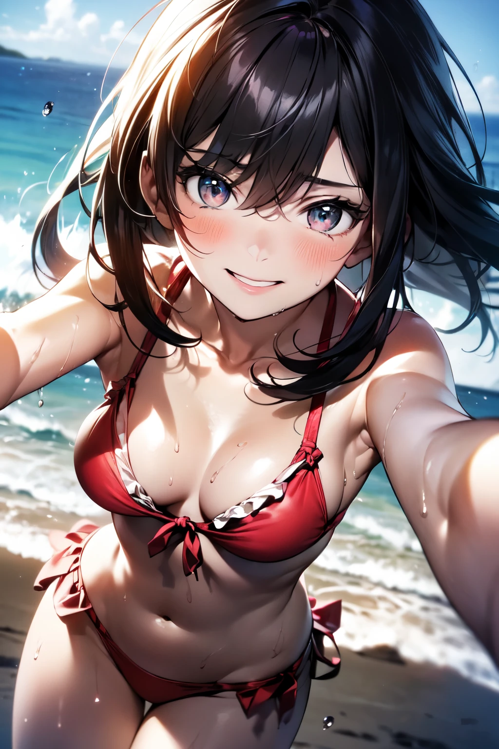 very cute and beautiful girl,(highly detailed beautiful face),(frilled red bikini),sweat,wet,waterdrop,
standing,beautiful legs,beach,distant rugged cliffs,(smile),looking at viewer,black hair,
(best quality,masterpiece),absurdres,highres,ultra-detailed,extremely detailed,32k,
cinematic scene,detailed background,solo,dynamic angle,
hair fluttering in the wind,beautiful detailed sky,