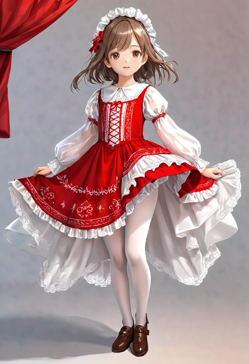 10 year old girl underwear, Realistic panties and bloomers made from patterned cotton fabric, Bright red medieval one-piece dress with white embroidery and panniers, Fabric Realism, Low - Angle, You can see the drawer, Pull up the dress by hand, Strong winds, Translucent slip, Translucent slip, tights, Highest quality, Crotch close-up, whole body, Skirt lining