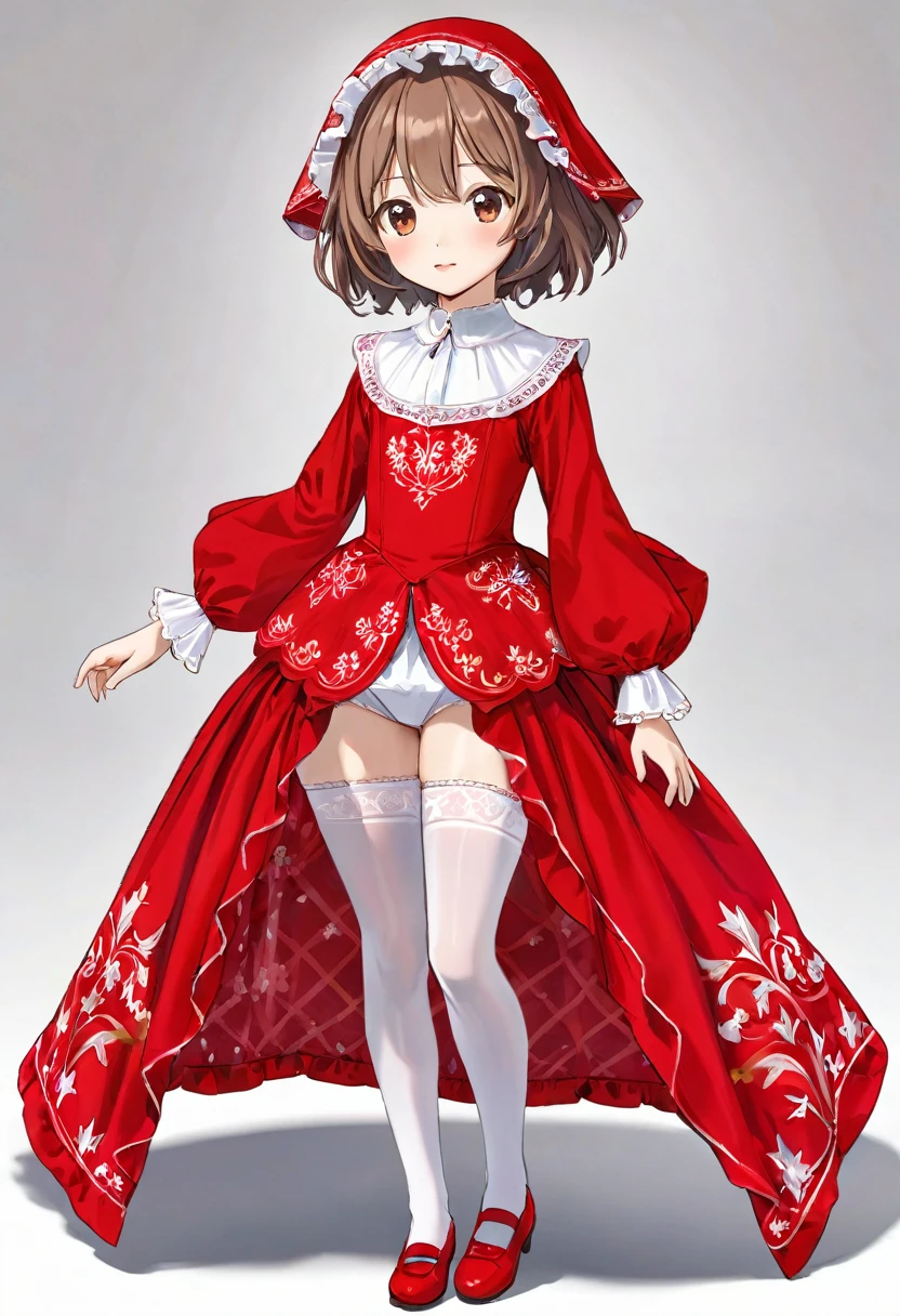 10 year old girl underwear, Realistic panties and bloomers made from patterned cotton fabric, Bright red medieval one-piece dress with white embroidery and panniers, Fabric Realism, Low - Angle, You can see the drawer, Pull up the dress by hand, Strong winds, Translucent slip, Translucent slip, tights, Highest quality, Crotch close-up, whole body, Skirt lining