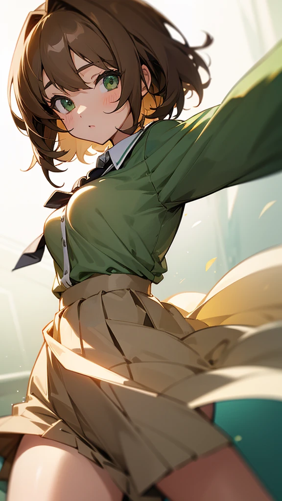 A girl with short light brown hair, dark green eyes, and cute breasts.,  school clothes  