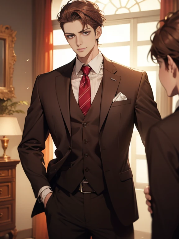 Masterpiece, Best quality, Realistic, 1 person, Mature male, Quiet and charming young man, 25 age old, Serious look, Closed mouth, Portrait, Extremely detailed face, cold smile, ((dark gray eyes)), ((Right sweep short dark brown hair)), [Thick eyebrows], ((suit)), Handsome, full bodyesbian, Western, Jewish, Light brown skin,Stand in front of the mirror，Organize your clothes