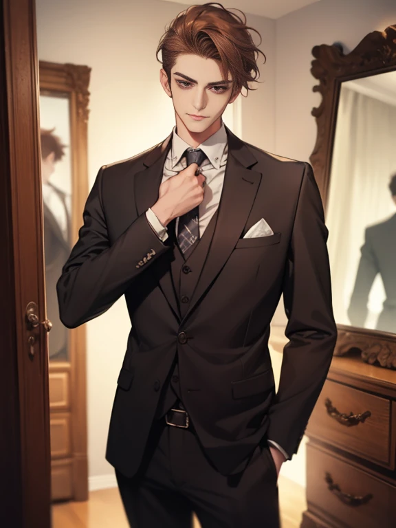 Masterpiece, Best quality, Realistic, 1 person, Mature male, Quiet and charming young man, 25 age old, Serious look, Closed mouth, Portrait, Extremely detailed face, cold smile, ((dark gray eyes)), ((Right sweep short dark brown hair)), [Thick eyebrows], ((suit)), Handsome, full bodyesbian, Western, Jewish, Light brown skin,Stand in front of the mirror，Organize your clothes