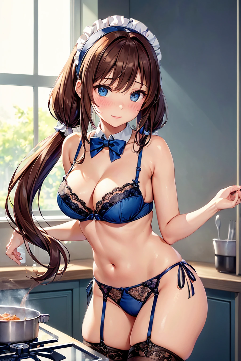 (((masterpiece, Highest quality, High resolution, 超High resolution, Perfect Pixel, Depth of written boundary, 4K, RTTX 10.0))), Beautiful Anime Woman, Beautiful art style, Anime characters, ((Smooth texture, Realistic texture, Anime CG Style)), Exact finger count、Exact number of legs、(Exact number of arms:1.0, Exact number of hands:1.0), (Perfect hands, Perfect Anatomy), Cinematic, Realistic, Extremely detailed CG, Daytime lighting, Perfect lighting, Best Shadow, The best natural light, whole body, Perfect body, バランのとれたPerfect body, Perfectly balanced style, Slender body, ((Long Hair, bangs, Reddish brown hair, Twin tails)), ((A cute woman is cooking:1.8)), (pussy juice:1.5), ((Bow tie around neck, High heels:1.3), (Sexy and cute blue underwear:1.3), (Stylish shiny blue satin panties, Side-tie panties, Panties with plain blue center and lace decoration on the sides:1.3), (Thin panties:1.3), (Blue micro lace satin bra, Blue bra with lace trim, Thin bra:1.3), (garter belt, Black knee socks:1.3):1.3), (Beautiful big , Cleavage:1.1), (Embarrassed expression:1.7), blush, (Stylish kitchen, In the middle of cooking, Dishes lined up in the kitchen:1.5), naked, In underwear, Waitress in underwear, (Frilly maid-like headband:1.2), Angle from the front