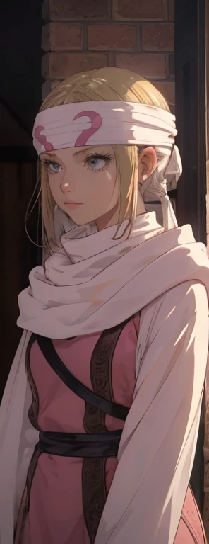 masterpiece), best quality, high resolution blonde 1girl bob cut medium hair standing alone cowl headband profile image looking at viewer beautiful eyes beautiful face extremely detailed pink clothing girly