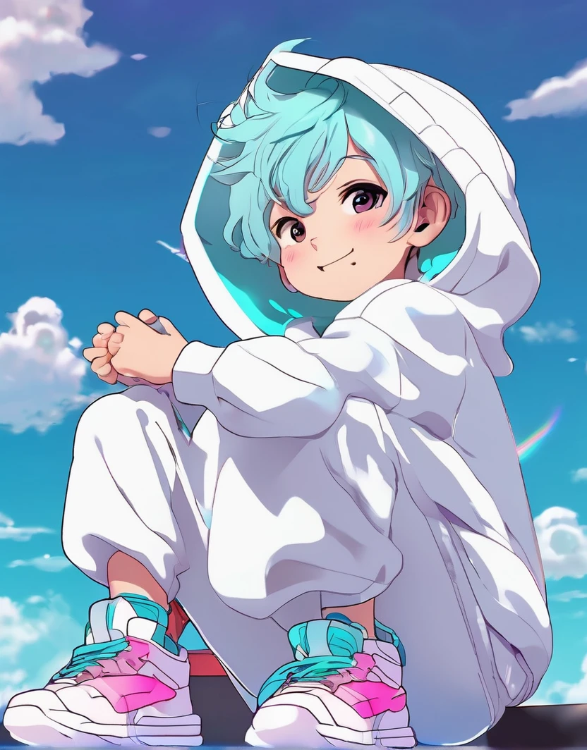 Render anime boy, chibi, white short fluffy hair, pastel palette oversized hoodie, white oversized sweatpants, purple white and cyan sneakers, hood over head, cute, bright eyes, grinning, dynamic cute pose, clouds, big hands and feet, floating, shading, rainbow