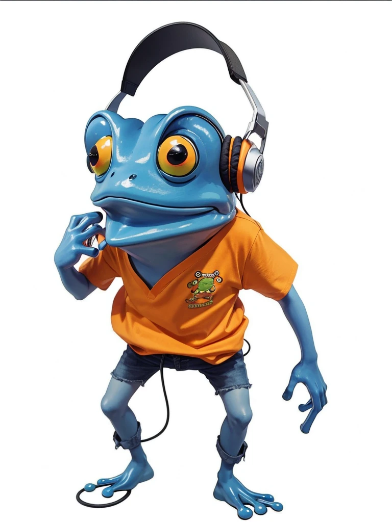 A frog, He is wearing an orange shirt, has a headset
