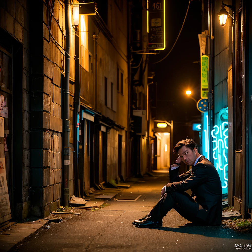 ((Highest quality)), ((masterpiece)), (detailed), One Man, (european:1.5), A tired 30-year-old, Stubble
, Black business suit, Dirty suit, No tie
, night, (darkness:1.5)
, (Neon Town:1.5), (Alley:1.5), (narrow street:1.5)
, (Concrete ground:1.5), (Sitting on the ground:1.5)
, (Abandoned wooden house wall:1.5), (Leaning against the wall:1.5)
, (Looking down:1.5), (Term drooping:1.5), Drunk
, Science fiction、Near future、